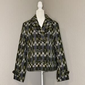 BKE Knit Button Jacket Women's Size Large Green Blue Checkered Pockets Boho Chic